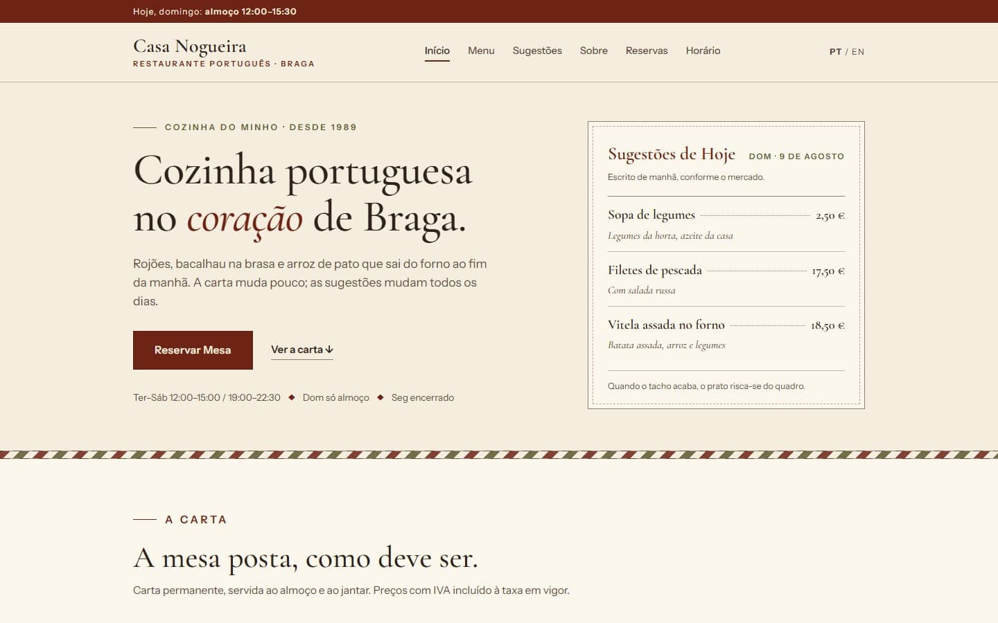 The Casa Nogueira home page: a serif headline over a cream ground, a reservation button, and the dated daily suggestions card.