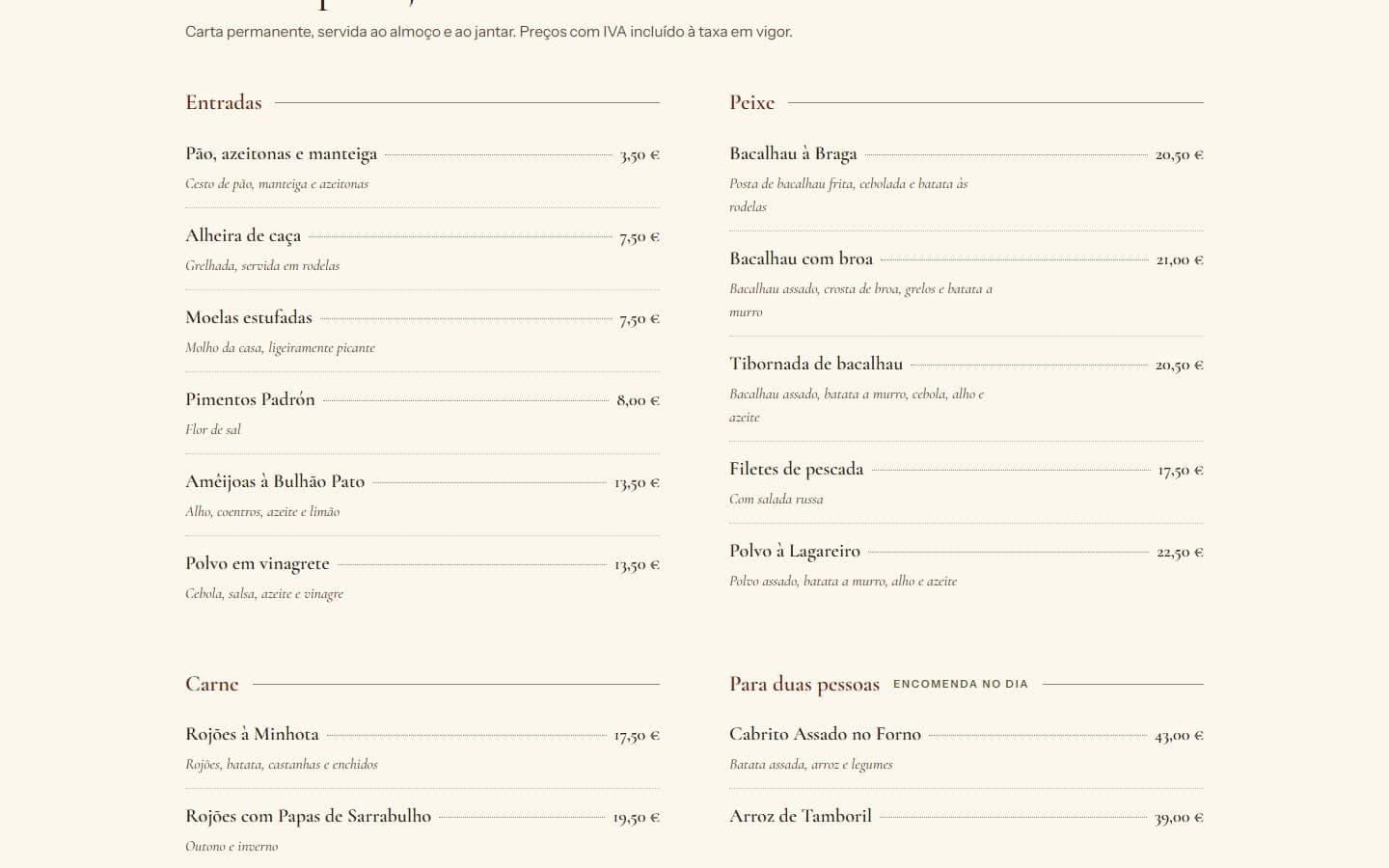 The Casa Nogueira menu section: starters and mains with prices, beside the dated daily suggestions card.