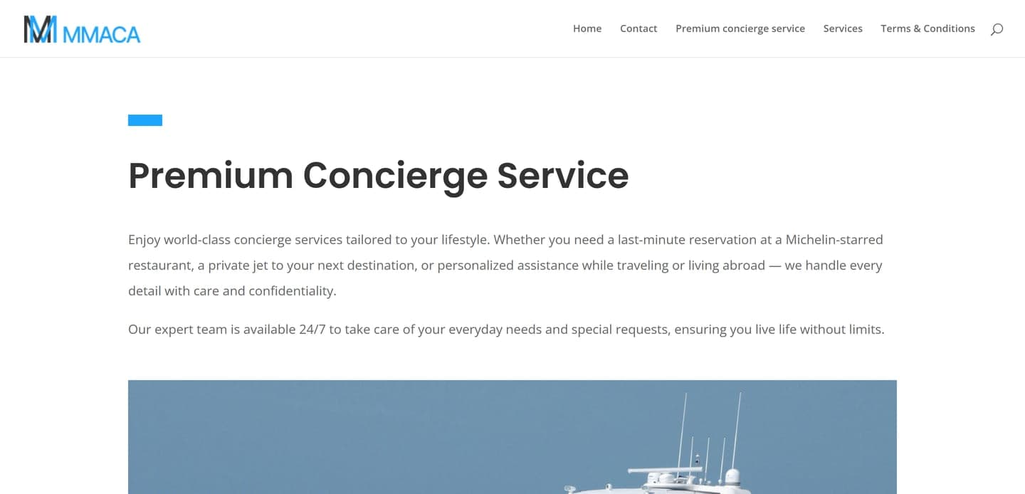 The MMACA premium concierge page: the service described on its own terms, with its own enquiry route.