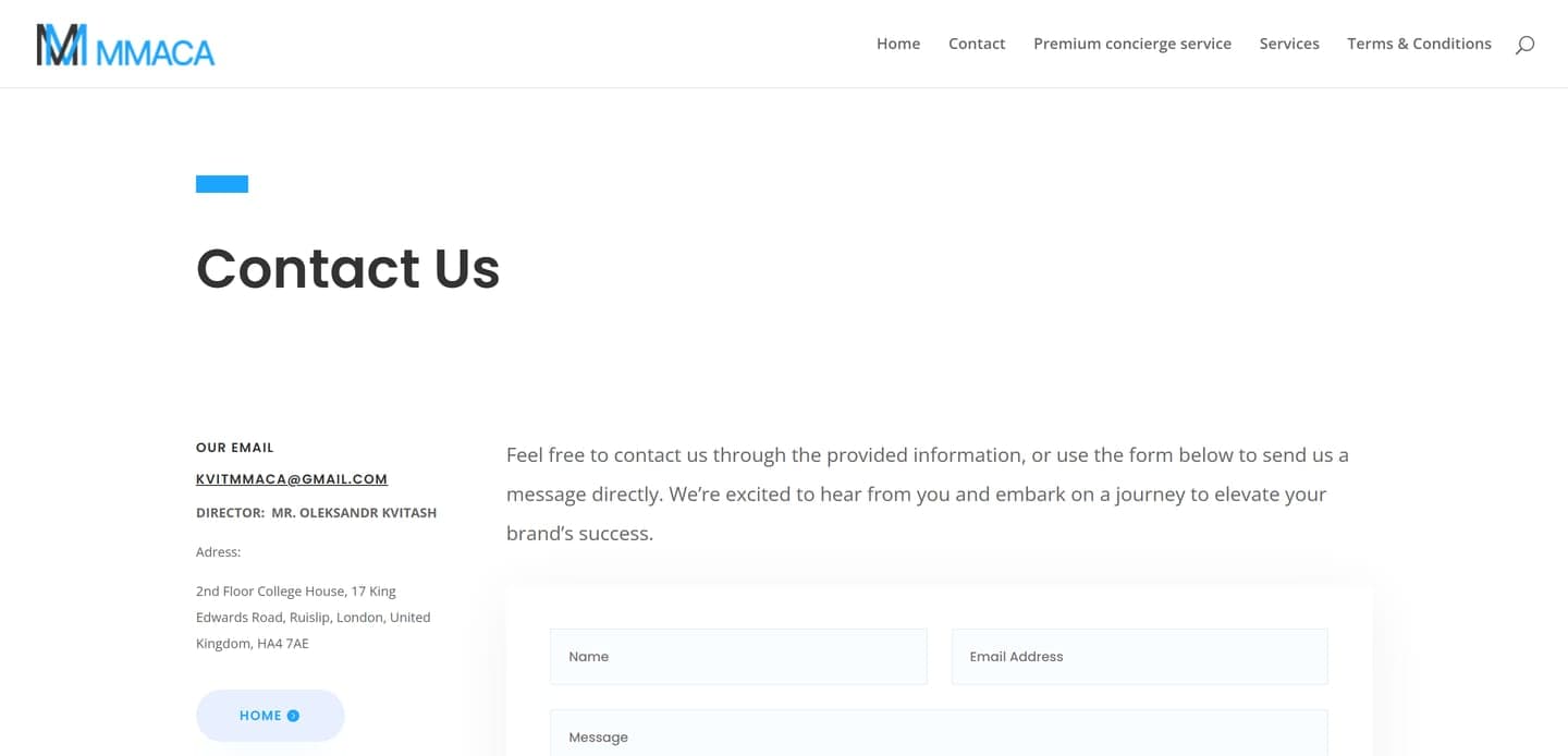 The MMACA contact page: a short enquiry form beside the company's contact details.