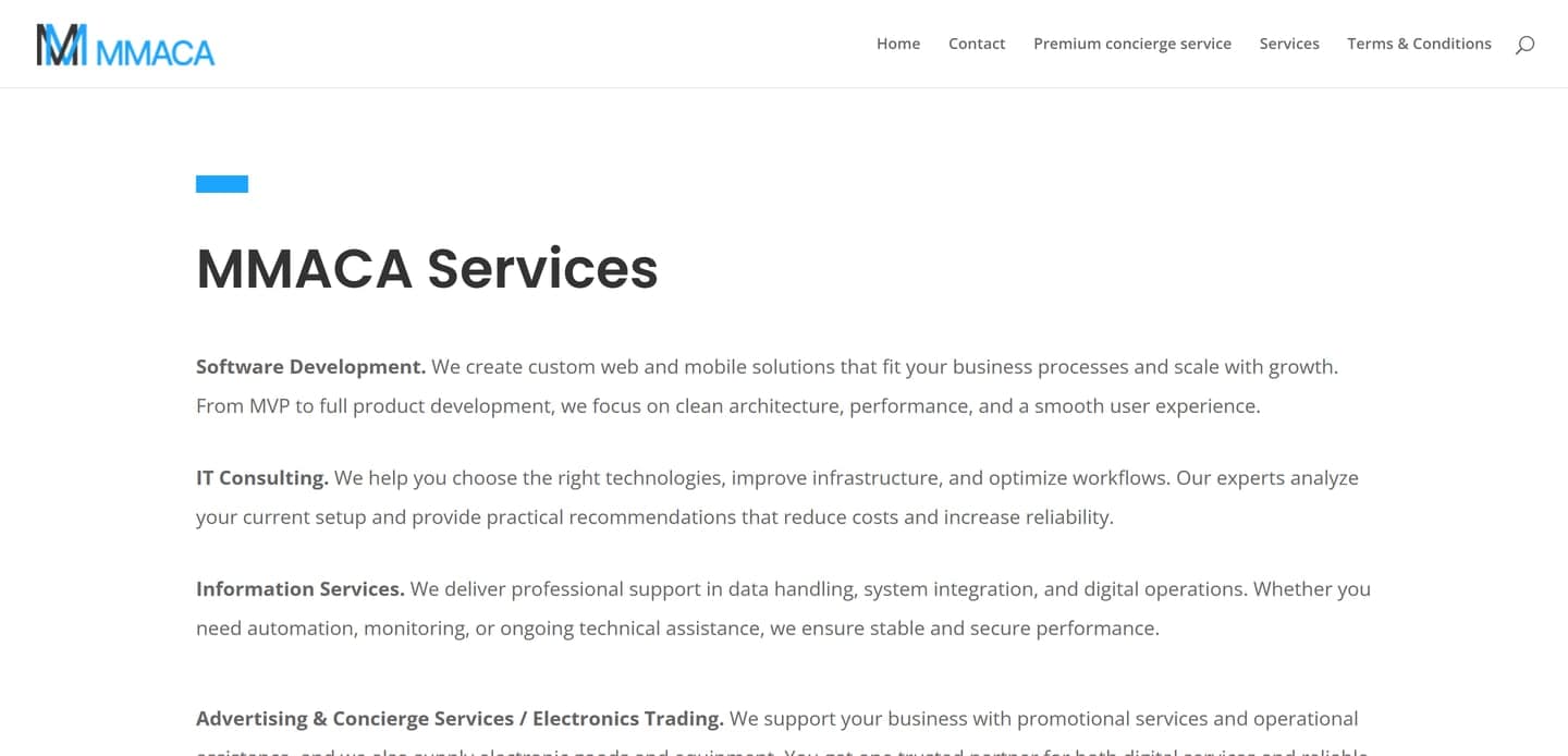 The MMACA services page: software development, IT consulting, information services and the advertising arm, each with its own paragraph.