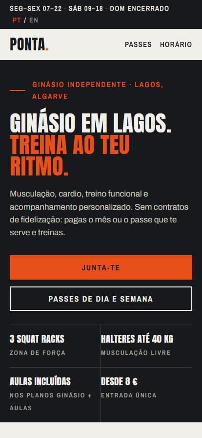 The Ponta Fitness site on a phone: bold headline and the start of the passes table.