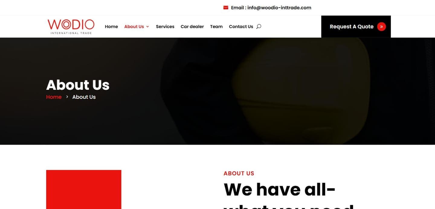 The Woodio about page: the company introduction, with the request-a-quote action kept in the header.
