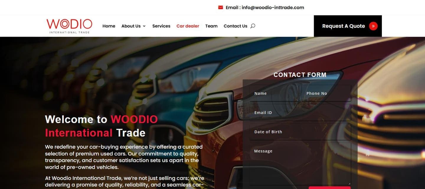 The car dealer page: a curated used-car service described on its own page, with a contact form beside it.