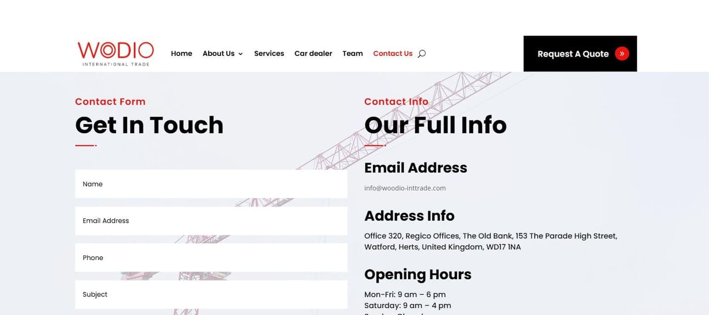 The contact page: a short form beside the email address, the Watford office address and opening hours.