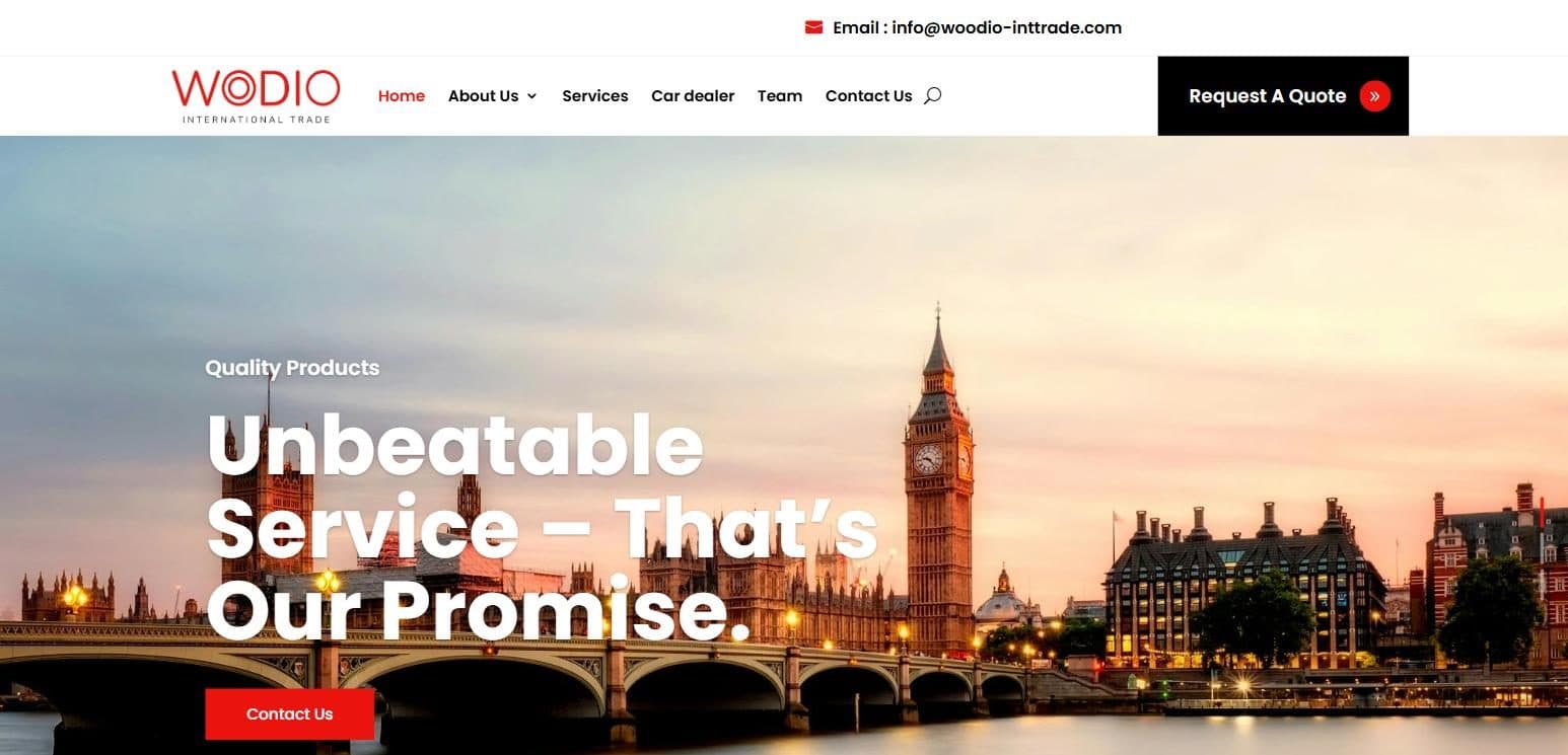 The Woodio International Trade home page: the wordmark, a request-a-quote button in the header, and a service promise over a London river view.