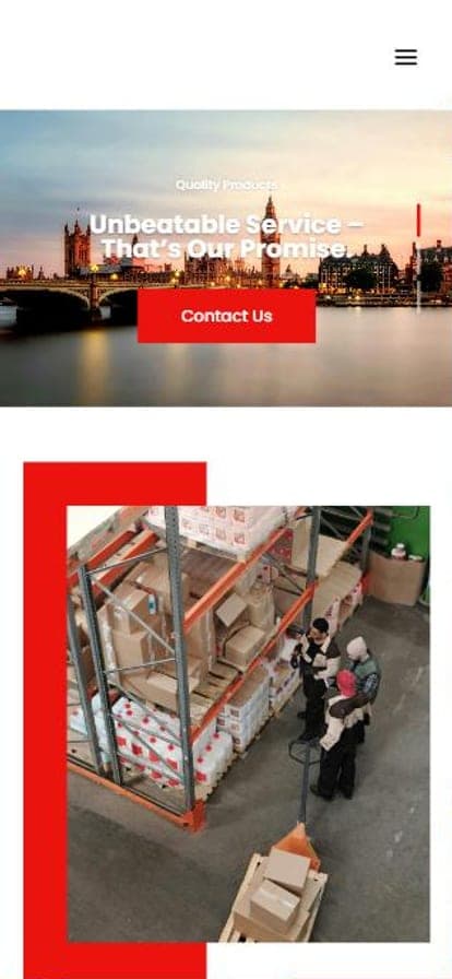The Woodio home page on a phone: the service promise, the contact action and the warehouse photography in one column.