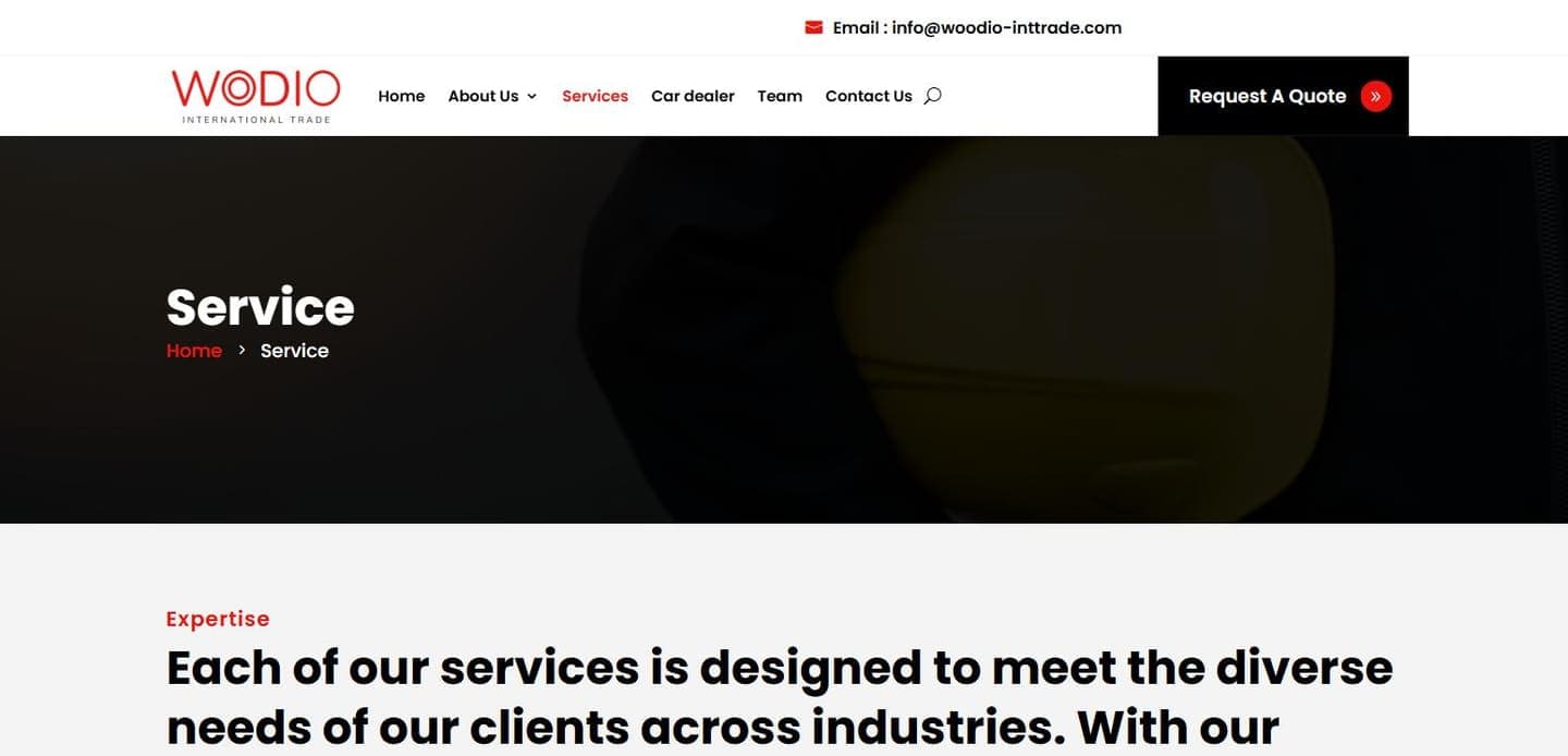 The Woodio services page: separate entries for each trade area, each leading to its own page rather than a combined catalogue.