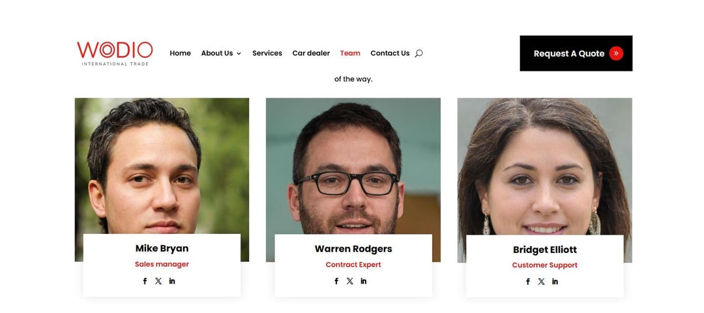 The team page: three named people with their roles, each with a photograph.